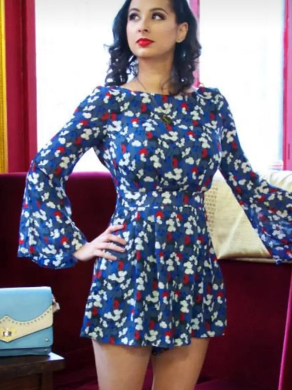 GLAMOROUS Blue Floral Romper Bell Flare Sleeve Red White Print XSmall